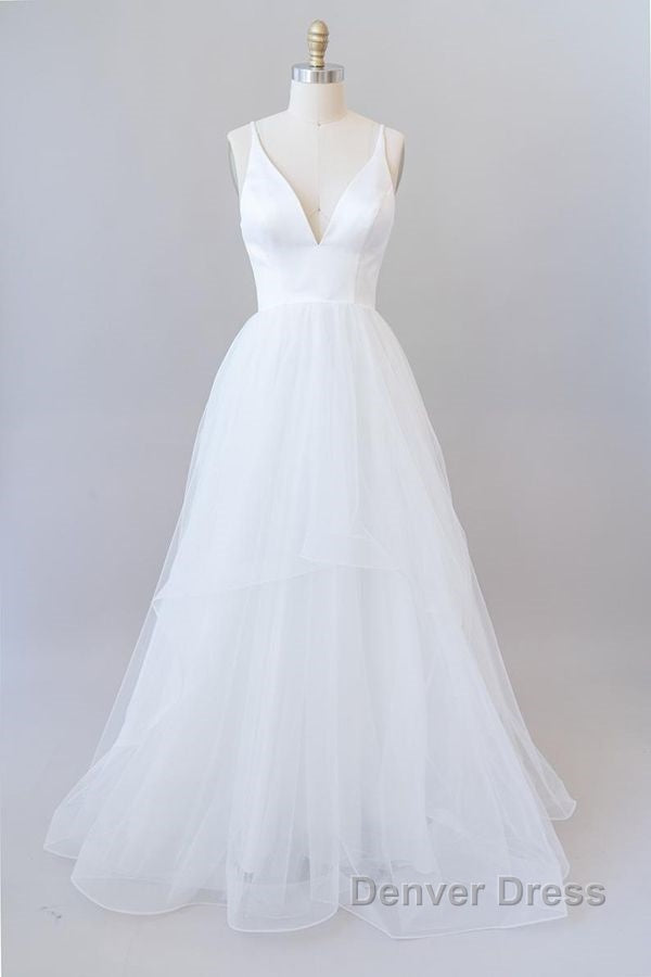 Beautiful White Long A Line V Neck Tulle Backless Wedding Dresses