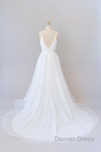Beautiful White Long A-line V-neck Tulle Backless Wedding Dresses