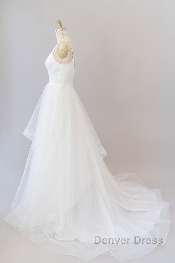 Beautiful White Long A Line V Neck Tulle Backless Wedding Dresses
