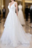 Beautiful White Long A-line V-neck Tulle Backless Wedding Dresses