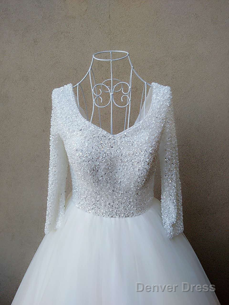 Beautiful White Pearls And Beadings Long Sleeves Prom Dresses, White Prom Gowns Secondary image