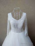 Beautiful White Pearls And Beadings Long Sleeves Prom Dresses, White Prom Gowns