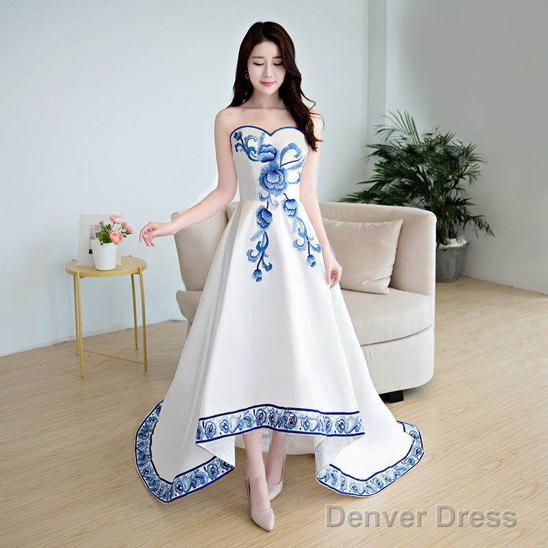 Beautiful White Satin With Flowers Embroidery Party Dresses, High Low Simple Satin Graduation Dresses
