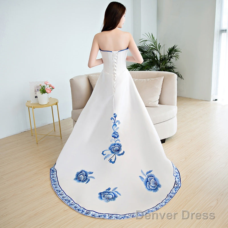Beautiful White Satin With Flowers Embroidery Party Dresses, High Low Simple Satin Graduation Dresses