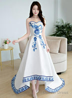 Beautiful White Satin With Flowers Embroidery Party Dresses, High Low Simple Satin Graduation Dresses