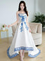 Beautiful White Satin With Flowers Embroidery Party Dresses, High Low Simple Satin Graduation Dresses