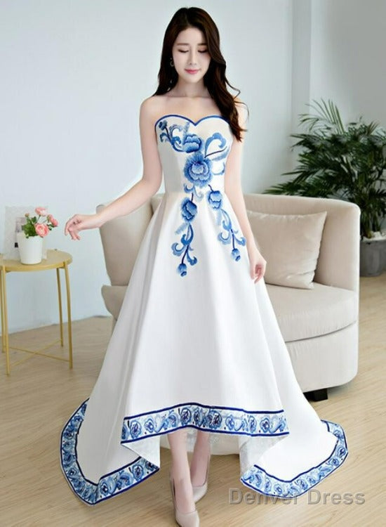 Beautiful White Satin With Flowers Embroidery Prom Dress, High Low Simple Satin Graduation Dresses