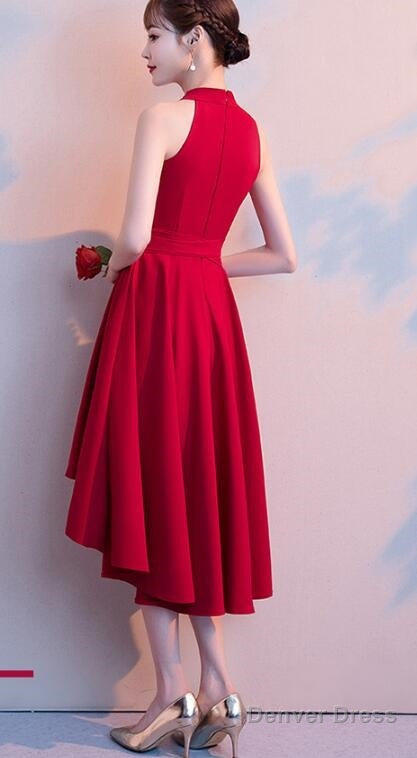 Beautiful Wine Red Chiffon Halter High Low Bridesmaid Dress , Homecoming Dresses