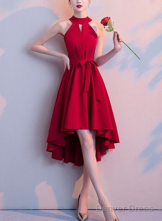 Beautiful Wine Red Chiffon Halter High Low Bridesmaid Dress , Homecoming Dress Main image