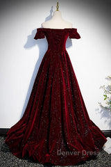 Beautiful Wine Red Off Shoulder Velvet Long Party Dresses, A-Line Dark Red Prom Dresses