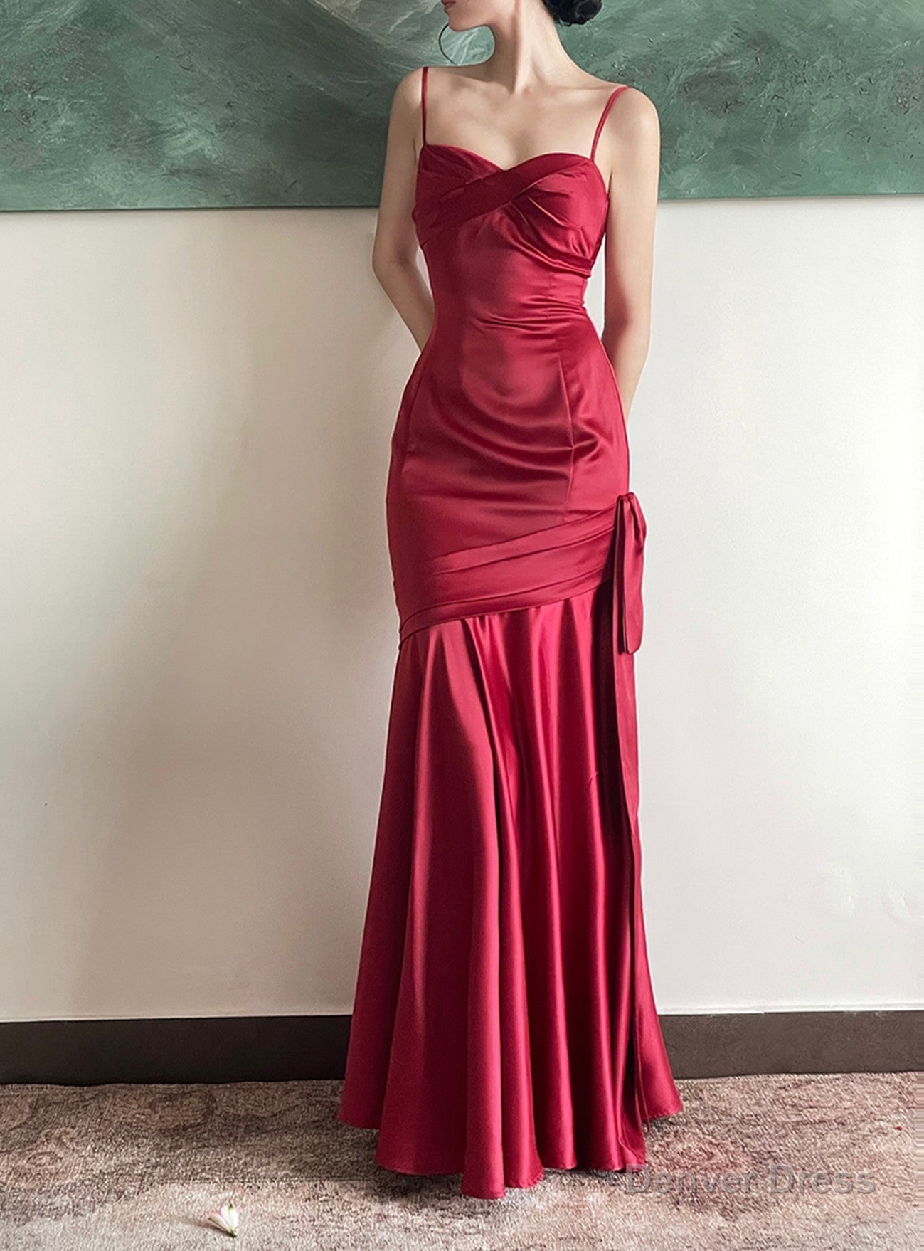 Beautiful Wine Red Satin Straps Long Prom Dress Prom Dress, Wine Red Prom Dresses