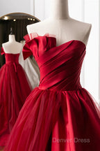 Beautiful Wine Red Sweetheart Tulle And Satin Prom Dress, Wine Red Long Prom Dresses
