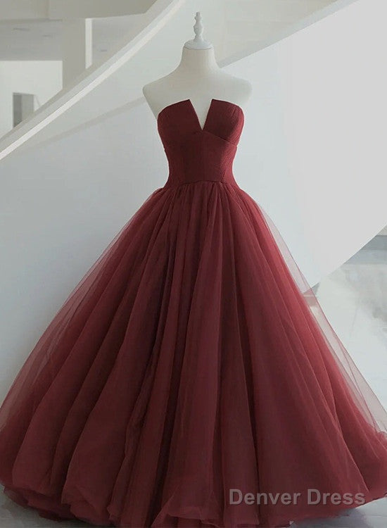 Beautiful Wine Red Tulle Long Floor Length Sweet 16 Dresses, Dark Red Prom Gowns Main image
