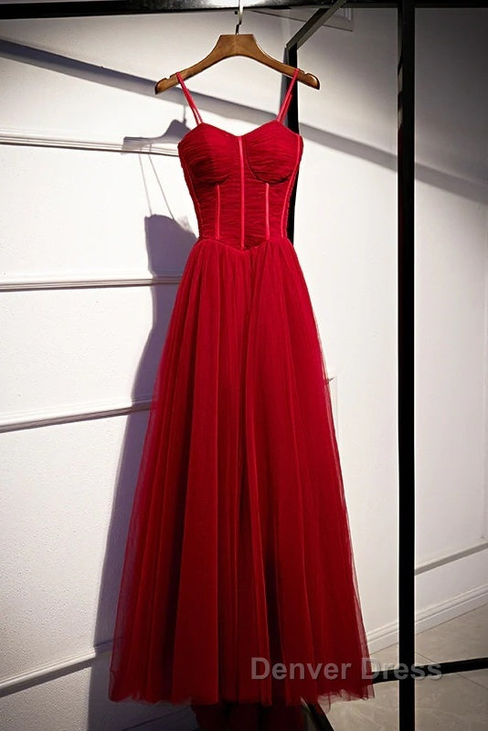 Beautiful Wine Red Tulle Long Straps Party Dresses Prom Dresses, A-Line Dark Red Formal Gown