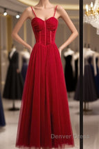Beautiful Wine Red Tulle Long Straps Party Dresses Prom Dresses, A-Line Dark Red Formal Gown