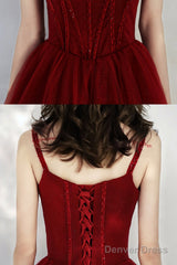 Beautiful Wine Red Tulle Off Shoulder Prom Dress, Dark Red Party Dress