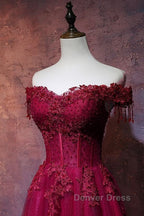 Beautiful Wine Red Tulle Sweetheart Long Prom Dress, A Line Prom Dresses