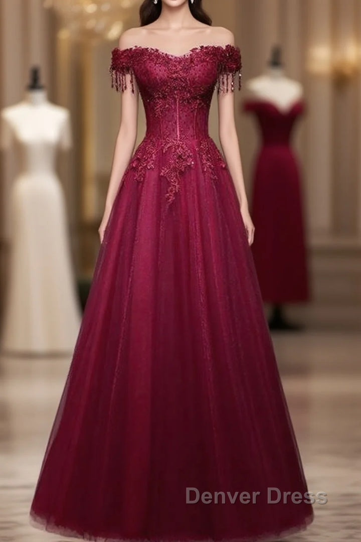 Beautiful Wine Red Tulle Sweetheart Long Prom Dress, A Line Prom Dresses Main image