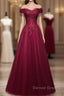 Beautiful Wine Red Tulle Sweetheart Long Prom Dress, A Line Prom Dresses