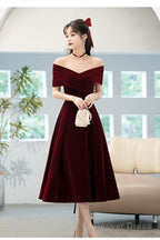 Beautiful Wine Red Velvet Bridesmaid Dress, Off Shoulder Tea Length Prom Dresses