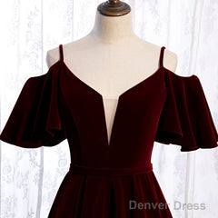 Beautiful Wine Red Velvet Off Shoulder Floor Length Party Dress, Velvet Junior Prom Dress