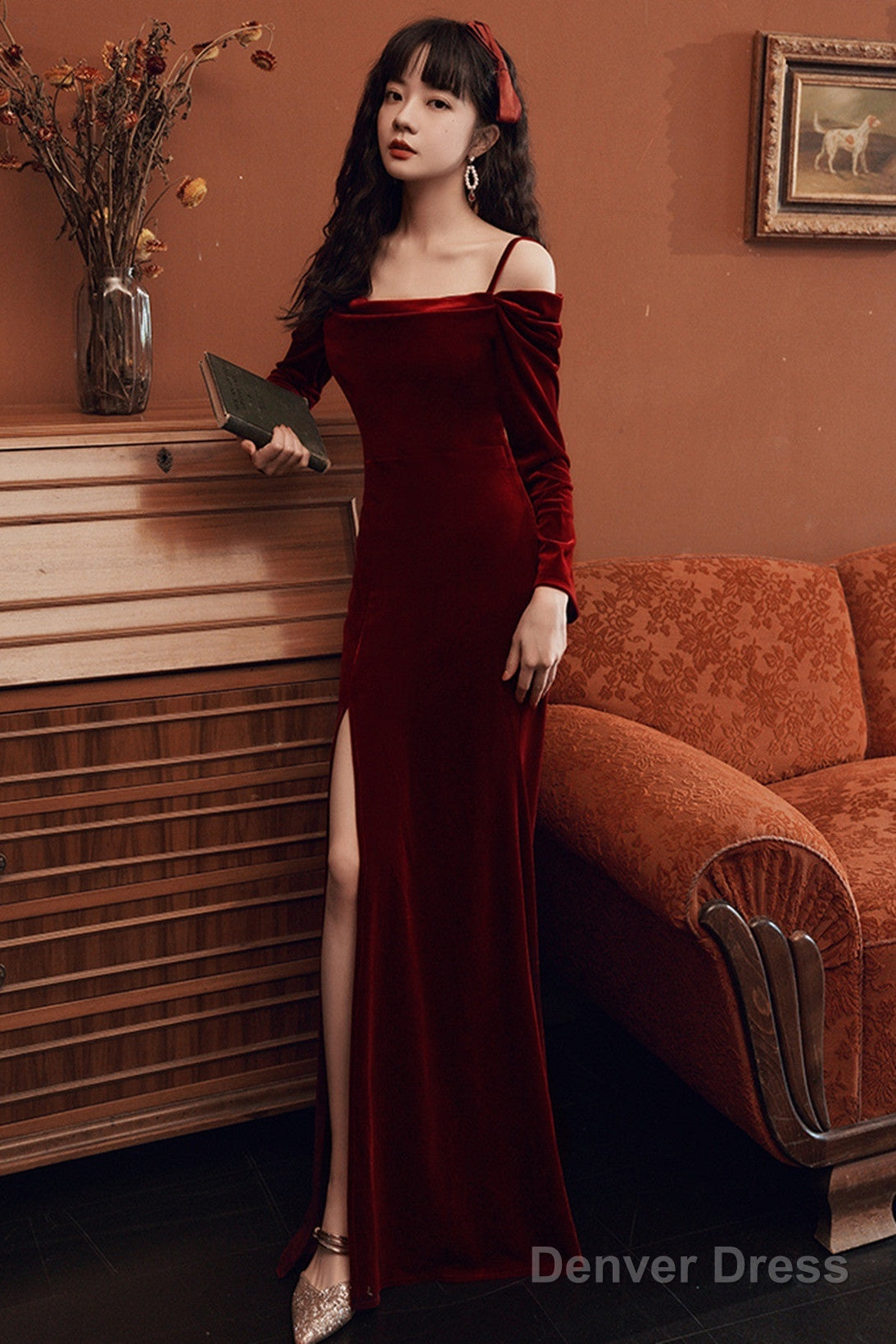 Beautiful Wine Red Velvet Off Shoulder Prom Dress, Mermaid Long Prom Dress
