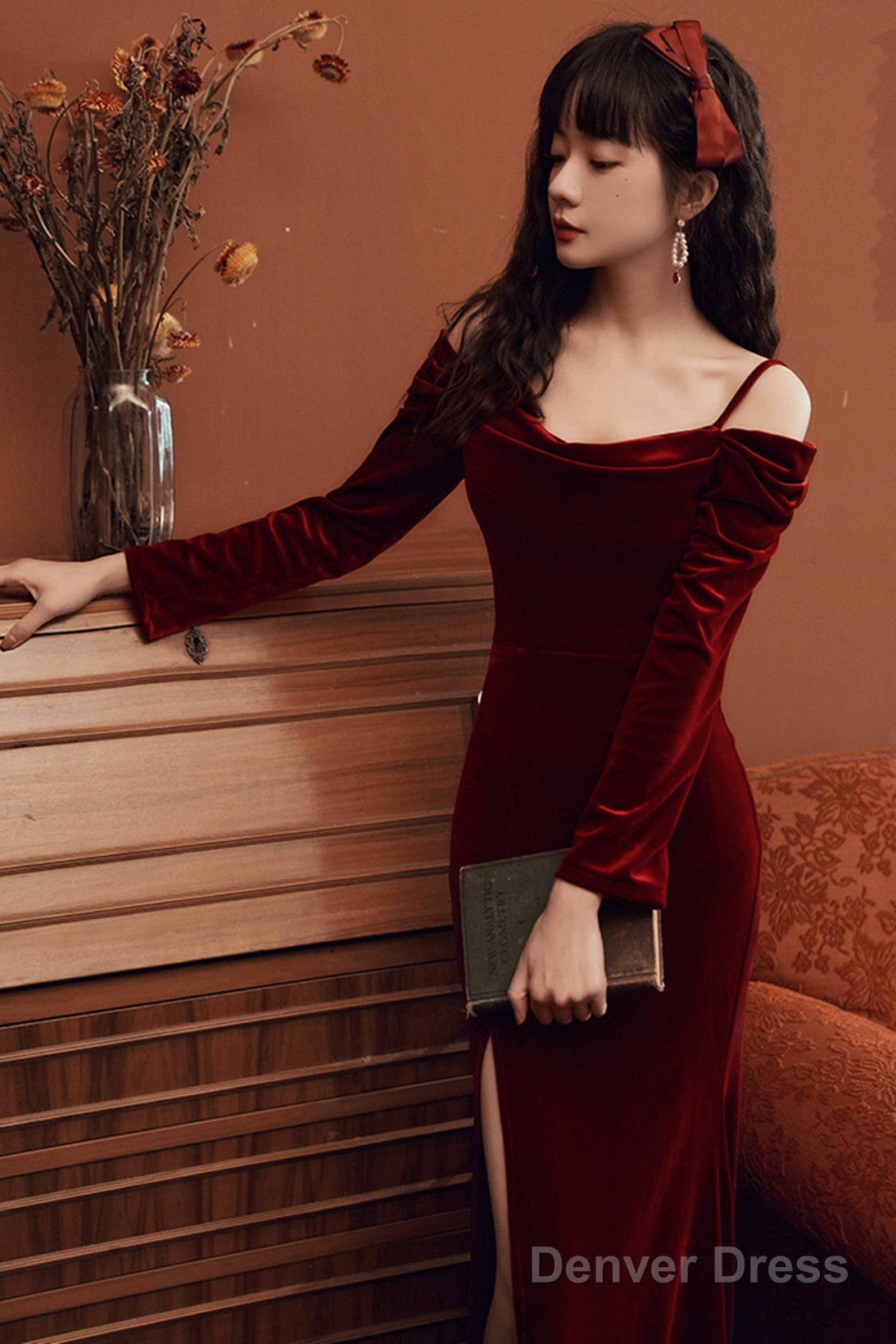 Beautiful Wine Red Velvet Off Shoulder Prom Dress, Mermaid Long Prom Dress