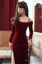 Beautiful Wine Red Velvet Off Shoulder Prom Dress, Mermaid Long Prom Dress