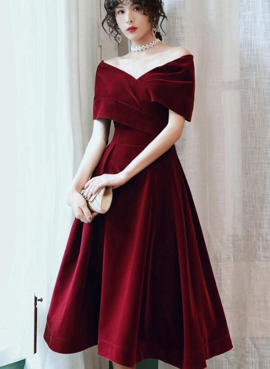 Beautiful Wine Red Velvet Tea Length Prom Dress, Bridesmaid Dresses Secondary image