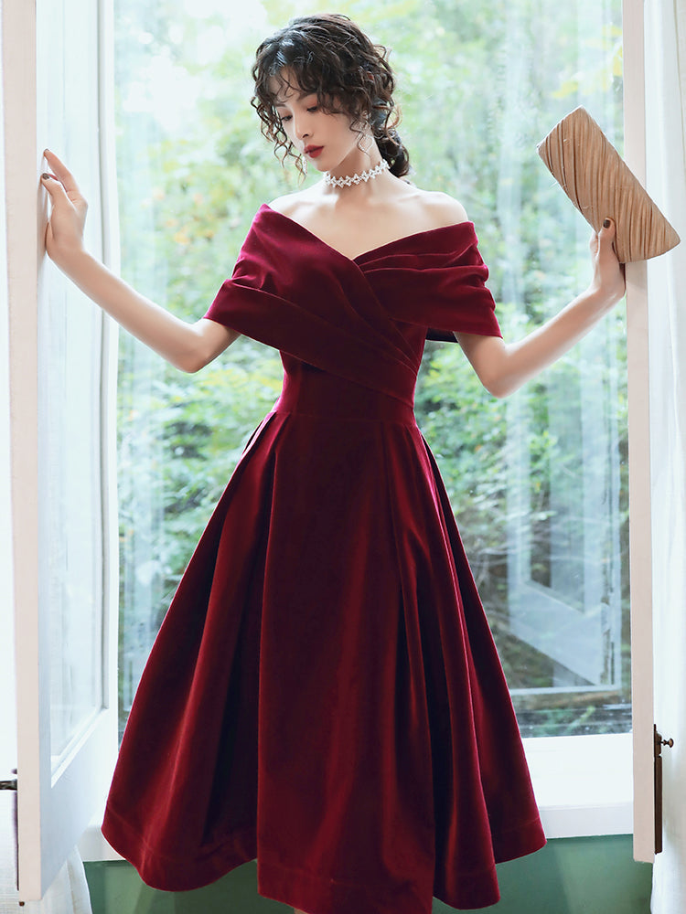 Beautiful Wine Red Velvet Tea Length Prom Dress, Bridesmaid Dresses