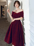 Beautiful Wine Red Velvet Tea Length Prom Dress, Bridesmaid Dresses