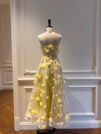 Beautiful Yellow A-Line Square Neck Strapless 3D Flower Mesh Long Prom Dresses