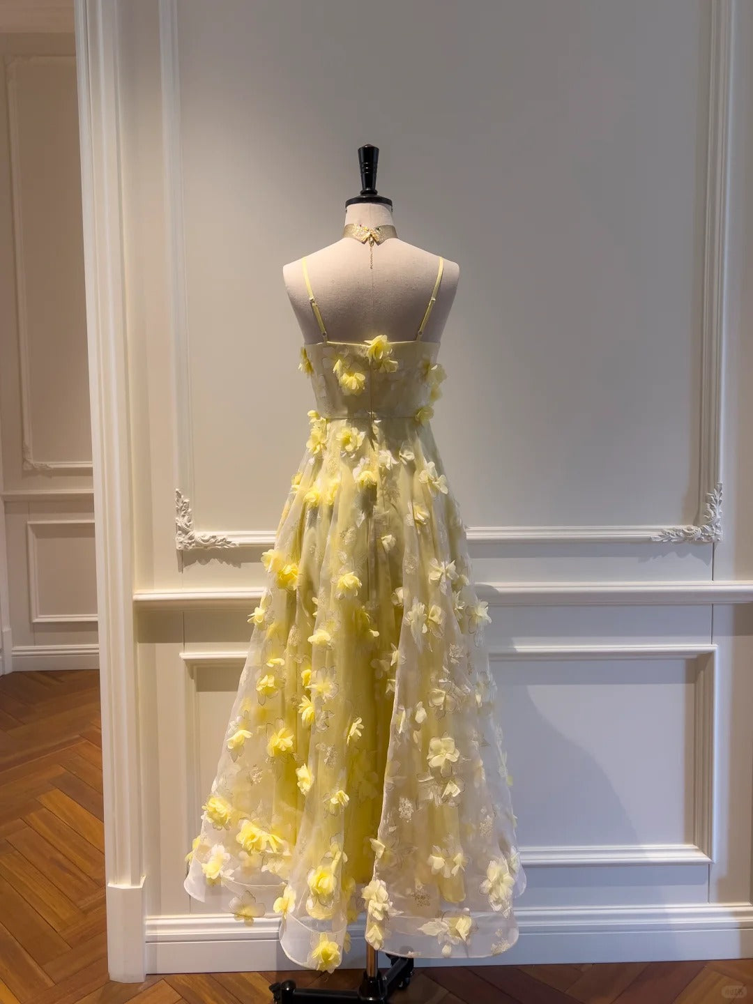 Beautiful Yellow A-Line Square Neck Strapless 3D Flower Mesh Long Prom Dresses