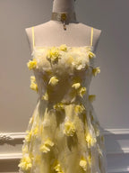 Beautiful Yellow A-Line Square Neck Strapless 3D Flower Mesh Long Prom Dresses
