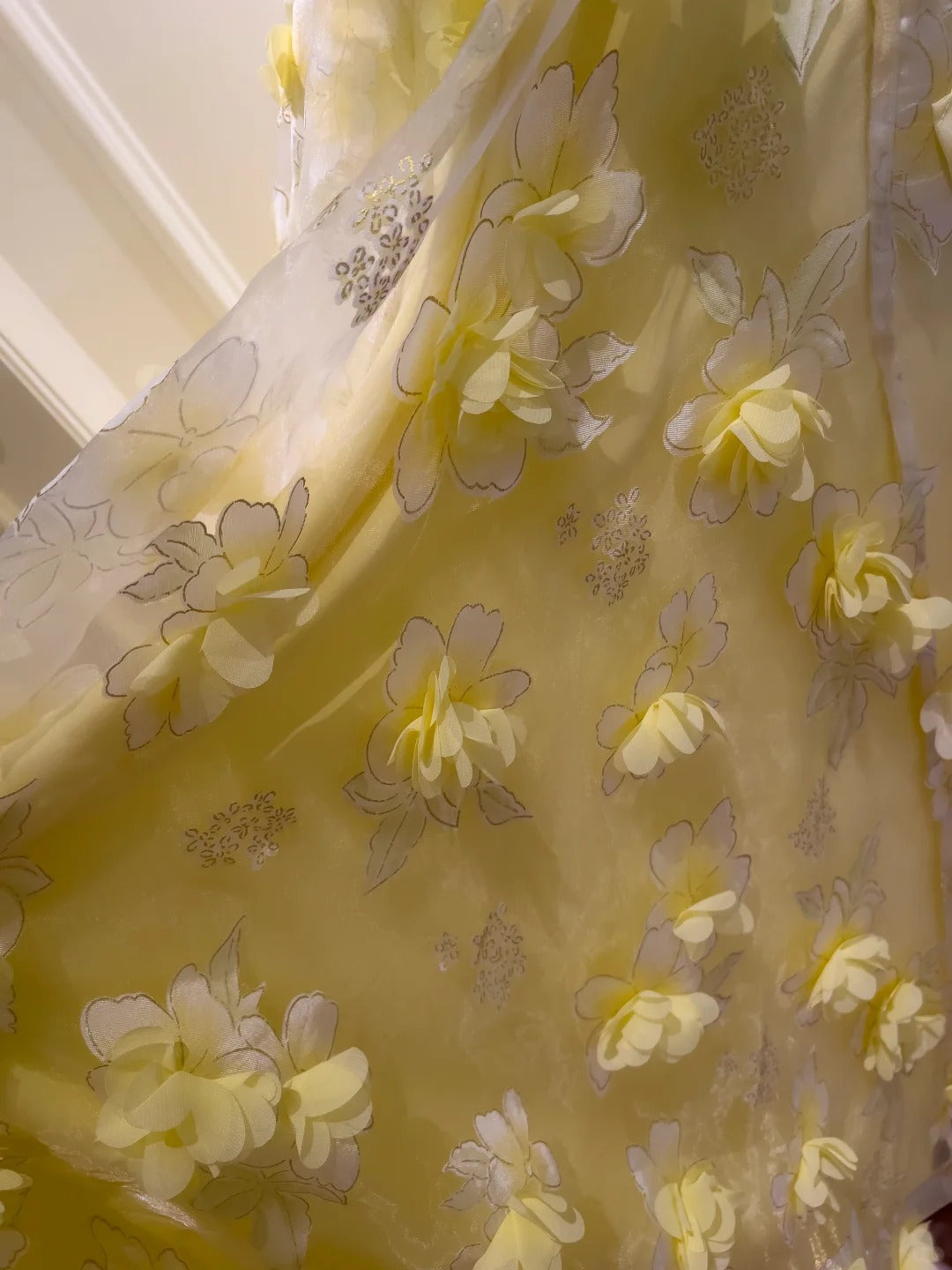 Beautiful Yellow A-Line Square Neck Strapless 3D Flower Mesh Long Prom Dresses