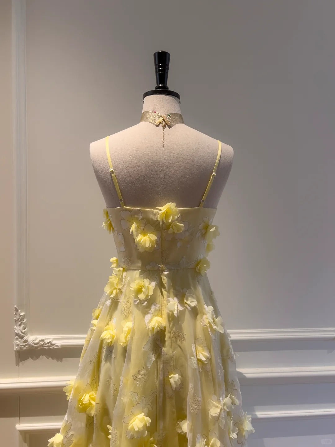 Beautiful Yellow A-Line Square Neck Strapless 3D Flower Mesh Long Prom Dresses
