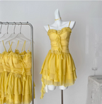 Beautiful Yellow Suspender Flower Irregular Ruffle Chiffon 17Th Birthday Short Skirt Homecoming Dresses