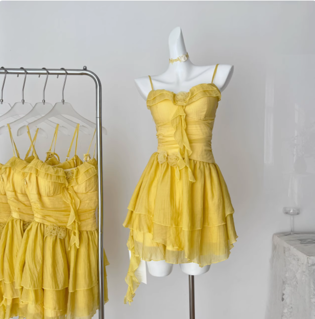 Beautiful Yellow Suspender Flower Irregular Ruffle Chiffon 17Th Birthday Short Skirt Homecoming Dresses