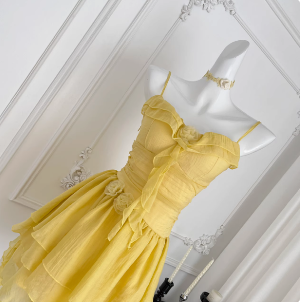 Beautiful Yellow Suspender Flower Irregular Ruffle Chiffon 17Th Birthday Short Skirt Homecoming Dresses