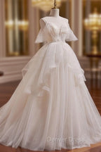 Beige A-line Tulle Beading Long Prom Dresses, Beige Formal Dresses