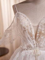 Beige A-line Tulle Beading Long Prom Dresses, Beige Formal Dresses