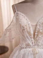 Beige A Line Tulle Beading Long Prom Dress, Beige Prom Dresses