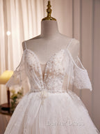 Beige A-line Tulle Beading Long Prom Dresses, Beige Formal Dresses