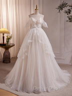 Beige A Line Tulle Beading Long Prom Dress, Beige Prom Dresses