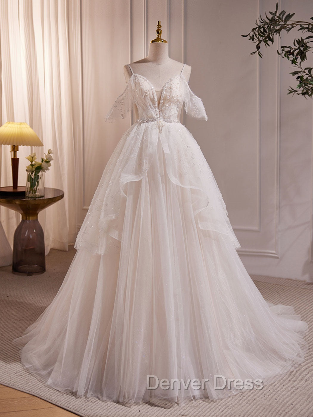Beige A Line Tulle Beading Long Prom Dress, Beige Prom Dresses