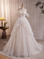 Beige A Line Tulle Beading Long Prom Dress, Beige Prom Dresses