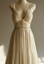 Off-White A-Line V-Neck Chiffon Beaded Long Prom Dress Simple Wedding Dress Bridesmaid Dresses
