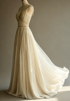 Off-White A-Line V-Neck Chiffon Beaded Long Prom Dress Simple Wedding Dress Bridesmaid Dresses