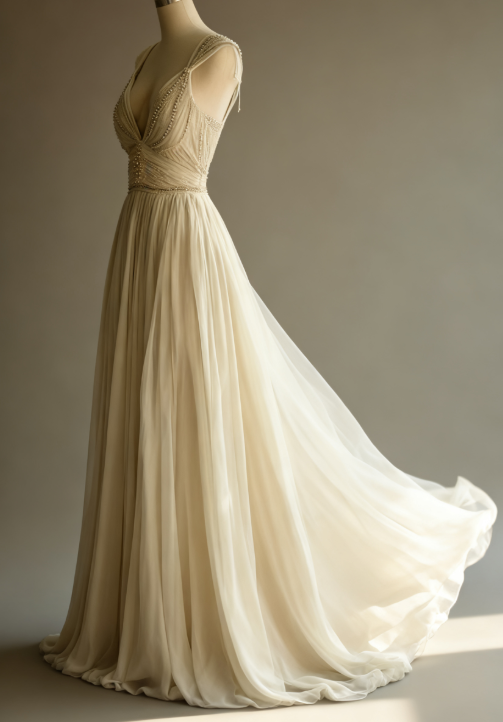 Off-White A-Line V-Neck Chiffon Beaded Long Prom Dress Simple Wedding Dress Bridesmaid Dresses