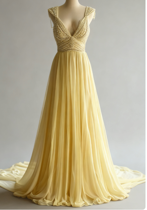 Off-White A-Line V-Neck Chiffon Beaded Long Prom Dress Simple Wedding Dress Bridesmaid Dresses